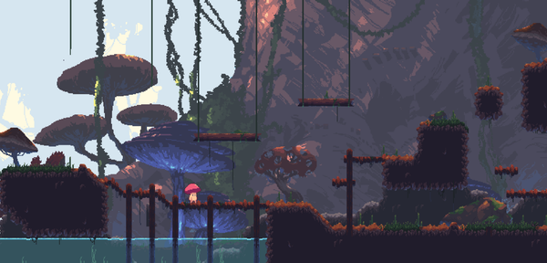 Pixel art background for platform game of fantasy landscape including water, mountain, and giant mushrooms.