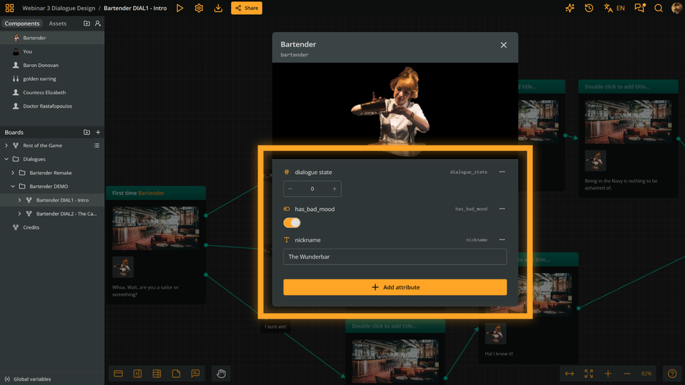 Arcweave's project environment; a character component called Bartender is open and an orange rectangle points out its variables.