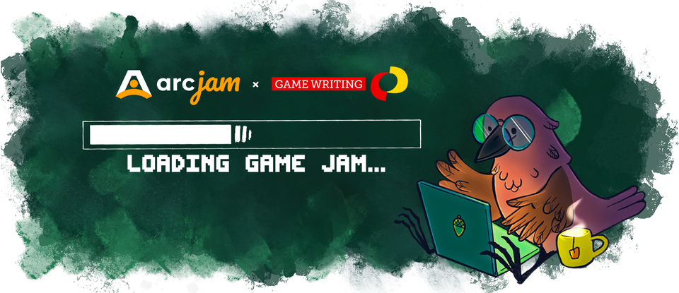 Arcweave and IGDA Game Writing SIG logos above a progress bar labelled Loading Game Jam... On the right, a cartoonish illustrator of a bird wearing glasses writing on lapto.