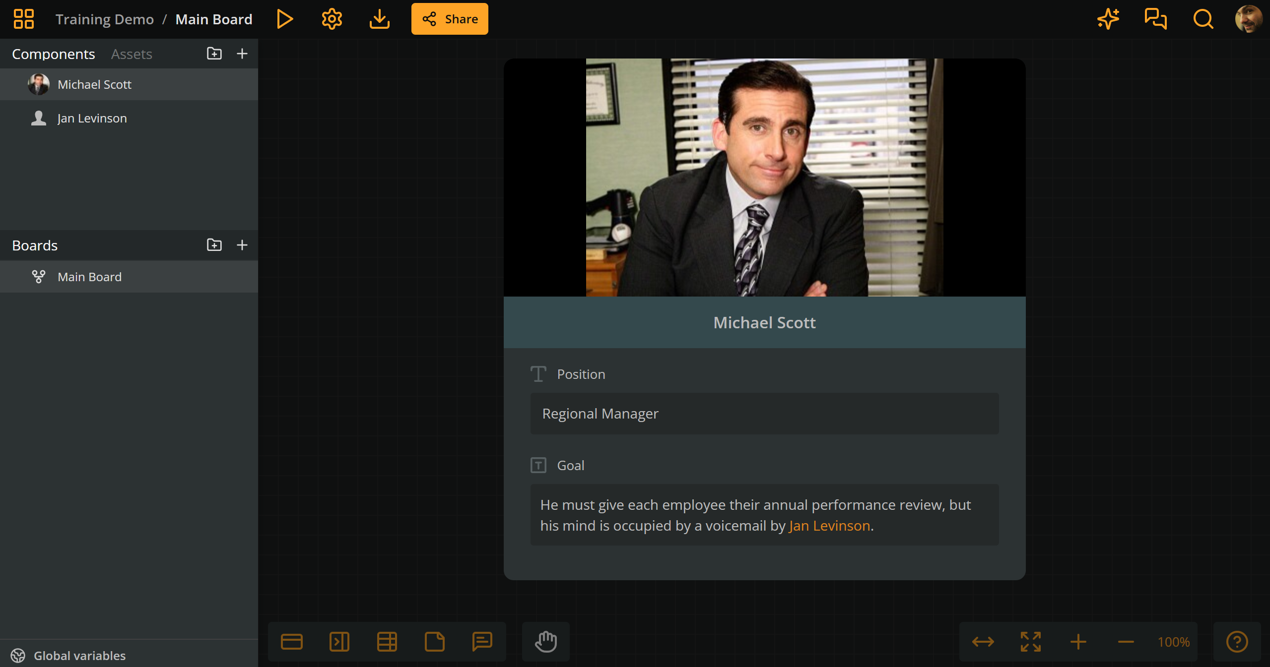 An Arcweave component featuring Michael from the Office as a character in a scenario. The "Goal" attribute says "He must give each employee their annual performance review, but his mind is occupied by a voicemail by Jan."