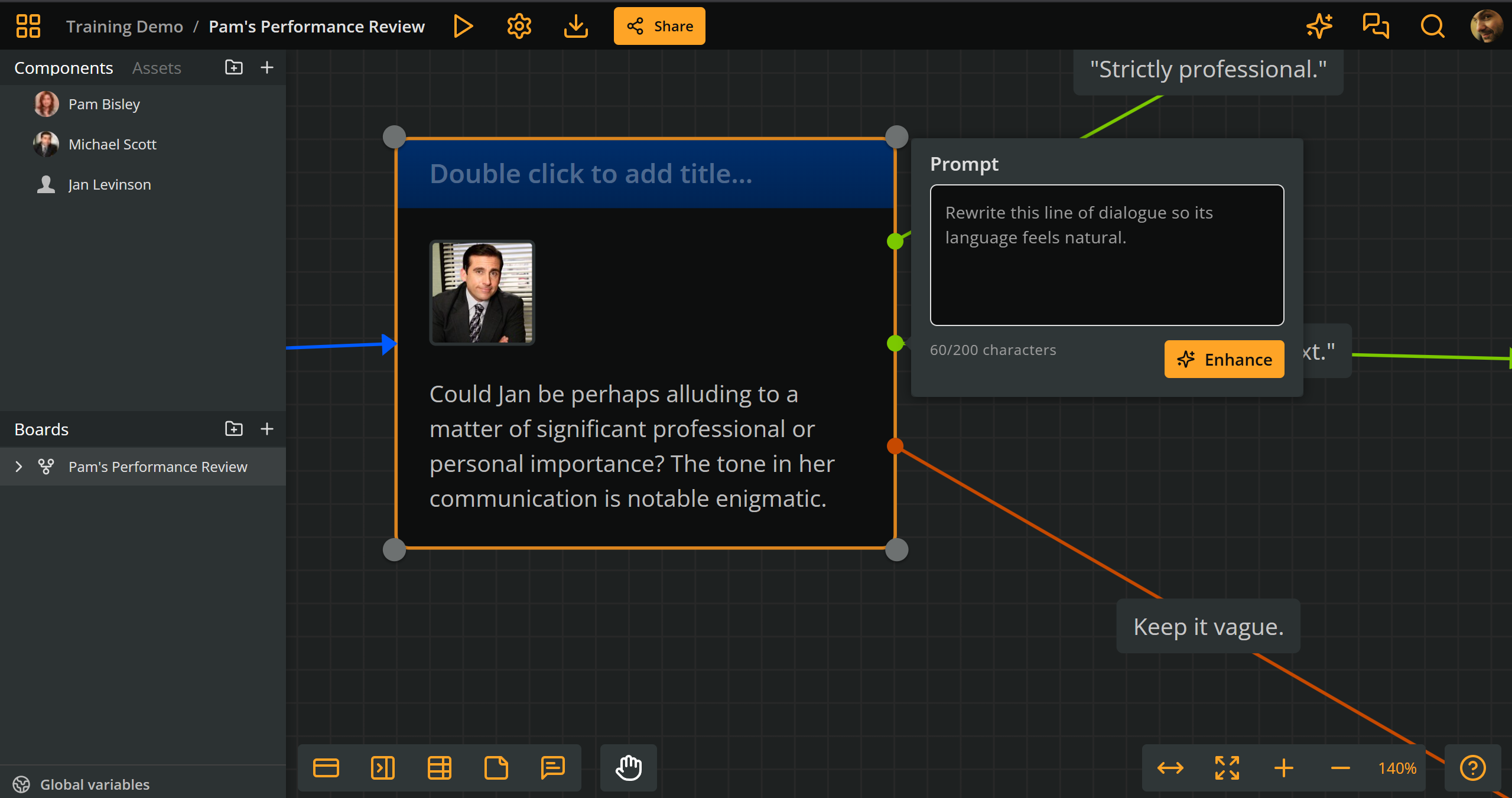 A demonstration of using the Element Enhancer to make an unnatural and formal line of dialogue feel like spoken words.