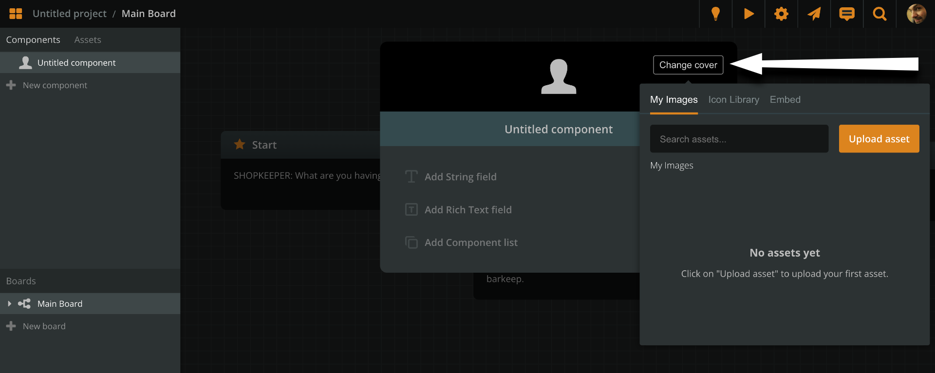 Arcweave screenshot: component editor with arrow pointing at the Change cover button.
