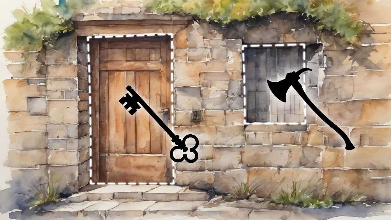 Digital watercolour of a stone house with door and window. A silhouette of a key is pointing at the door, while that of a hatchet at the window.