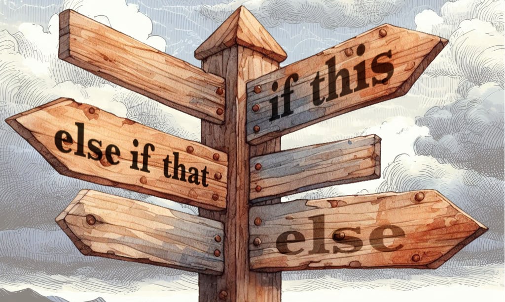 Drawing of a wooden sign pointing at various directions, saying "if this," "else that," and "else."