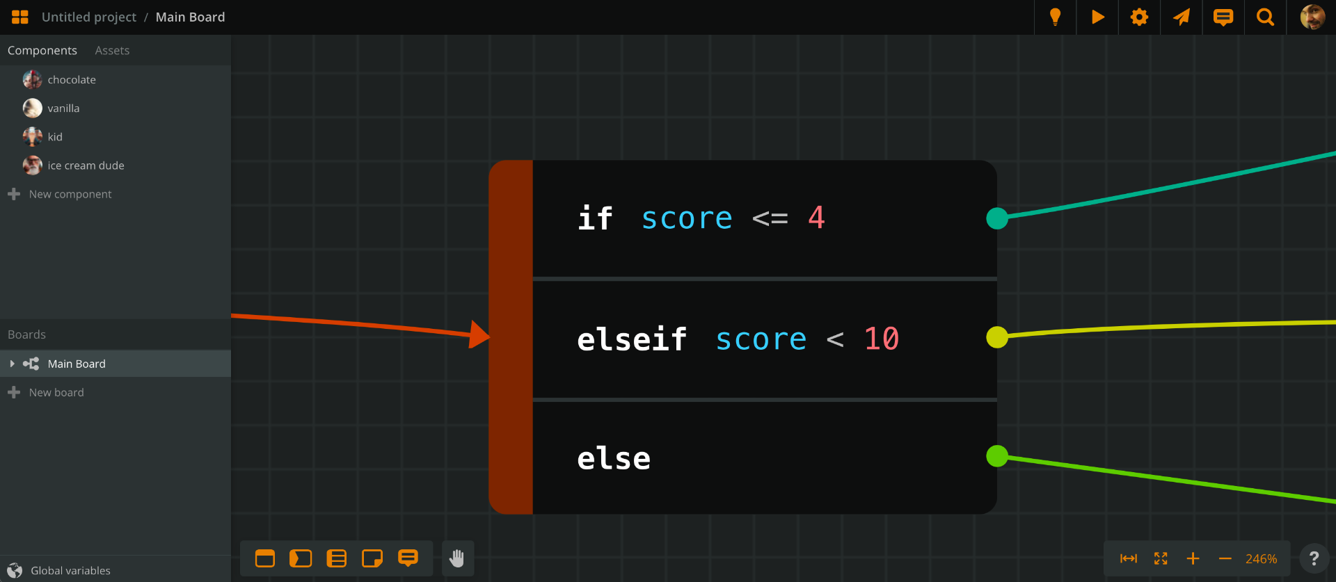 An example of a branch in Arcweave with 'if', 'else if', and 'else' conditions.