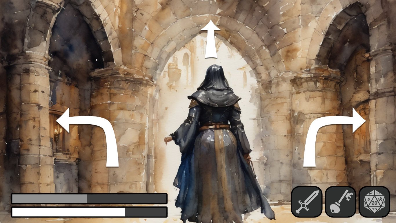Digital painting of a figure standing before three exits, with 3 arrows pointing towards left, right, and straight up. Where to go?