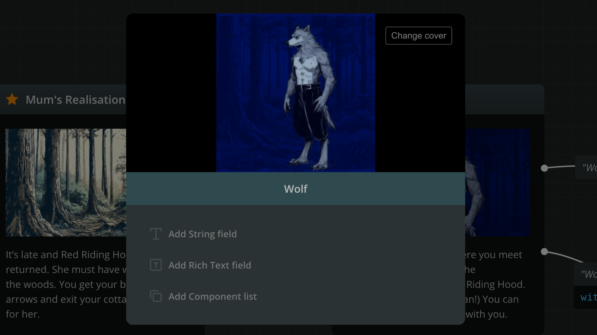 Arcweave's component editor for the Wolf character.