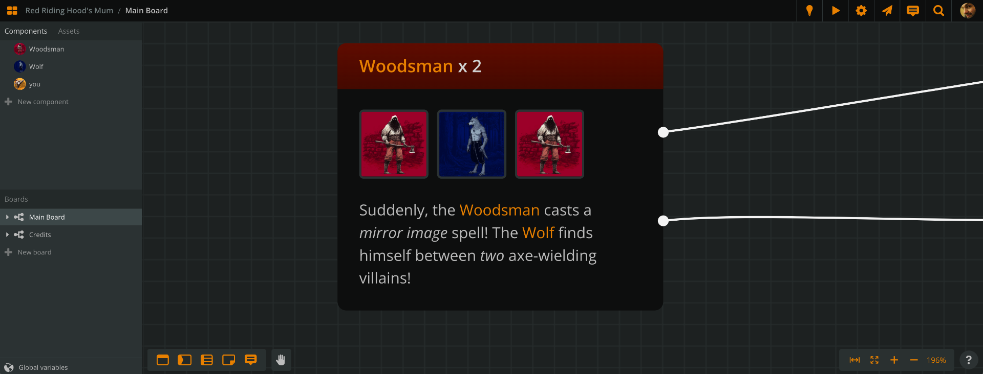 Element with multiple components attached: two Woodsman and one Wolf component in the middle.