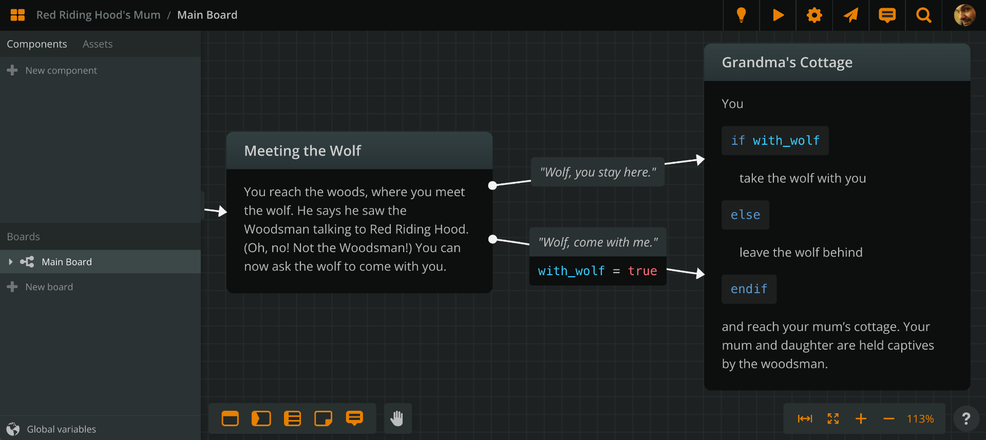 Arcweave screenshot showing element text content including arcscript code.