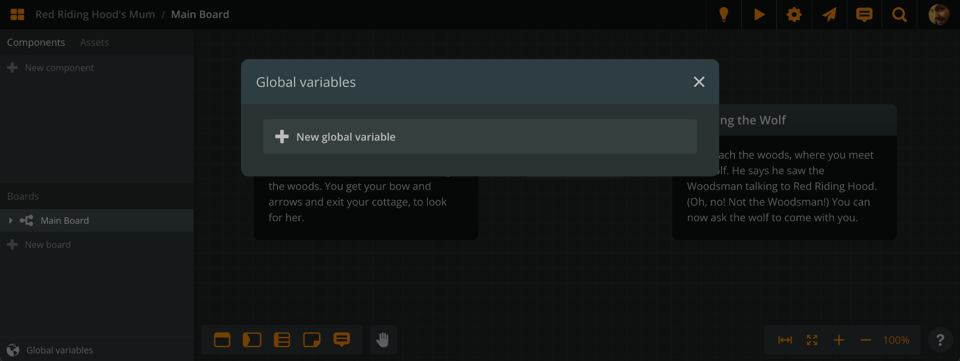 Arcweave screenshot showing the global variables list (empty).