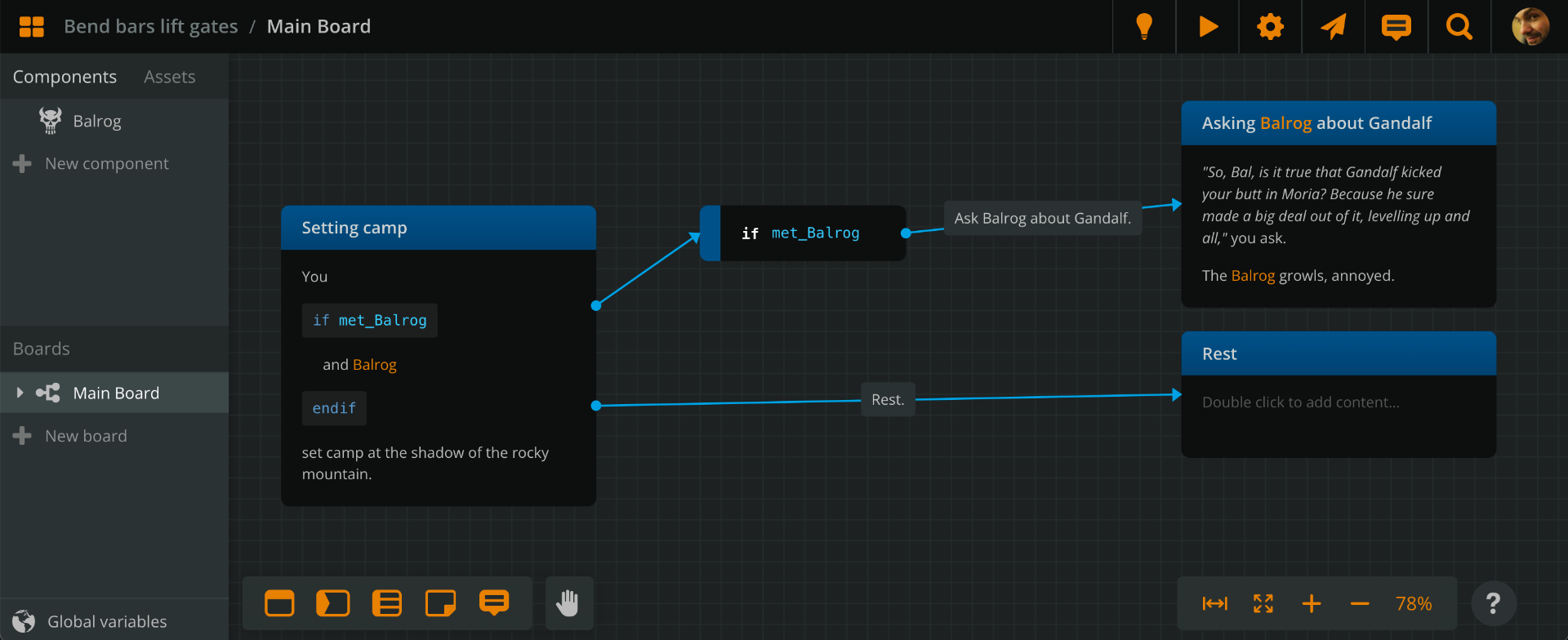 Arcweave screenshot: the value of a variable called "met Balrog" is checked in an element and a branch, offering the option to talk to the Balrog.