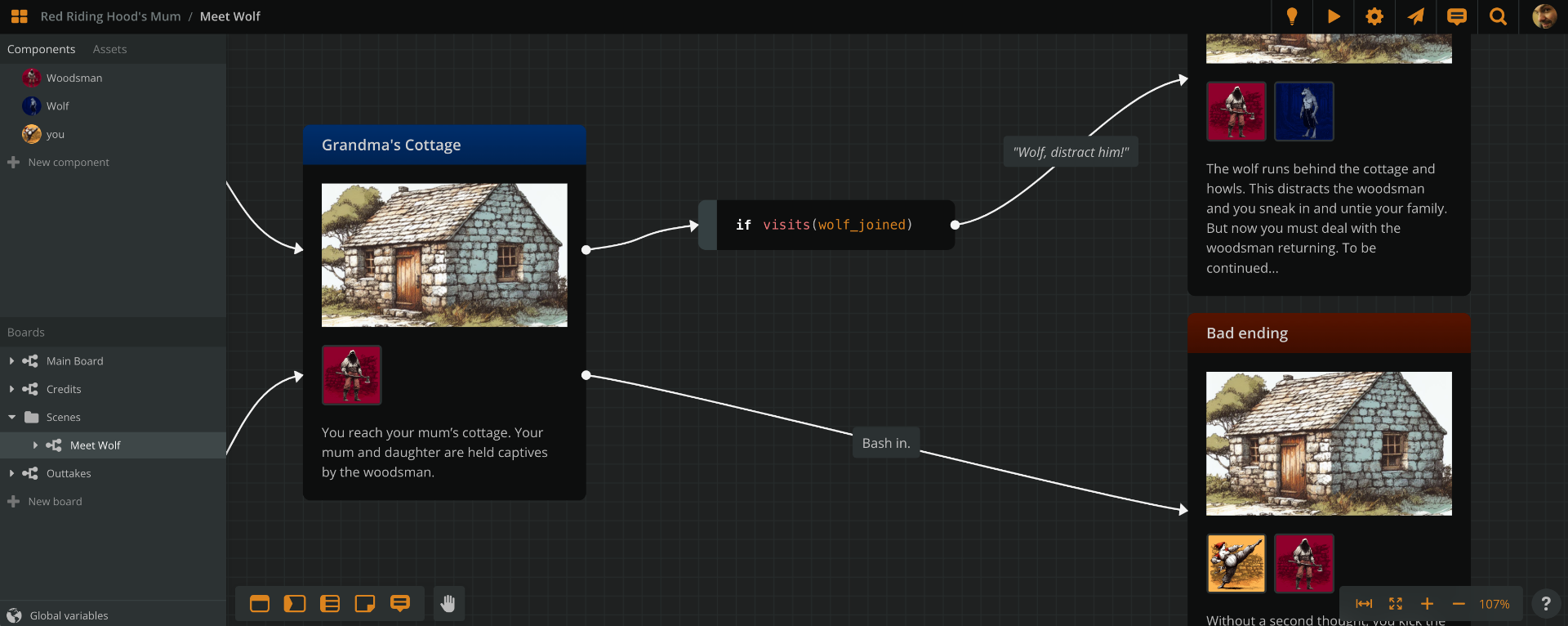 Screenshot of a branch using the visits function to check whether the player has visited the element "Wolf joined."