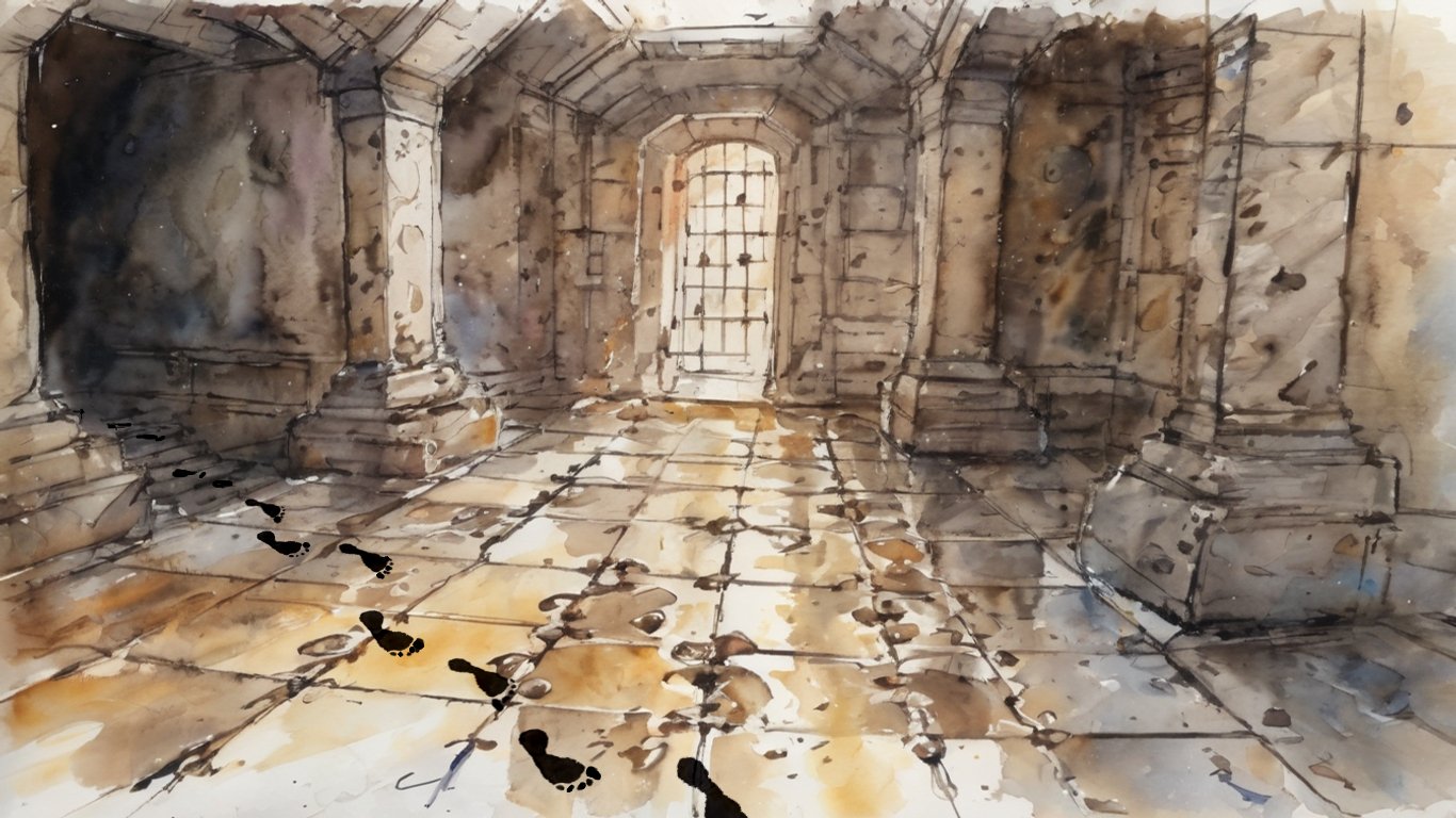 Watercolour style image of a stone dungeon with black footsteps approaching us.