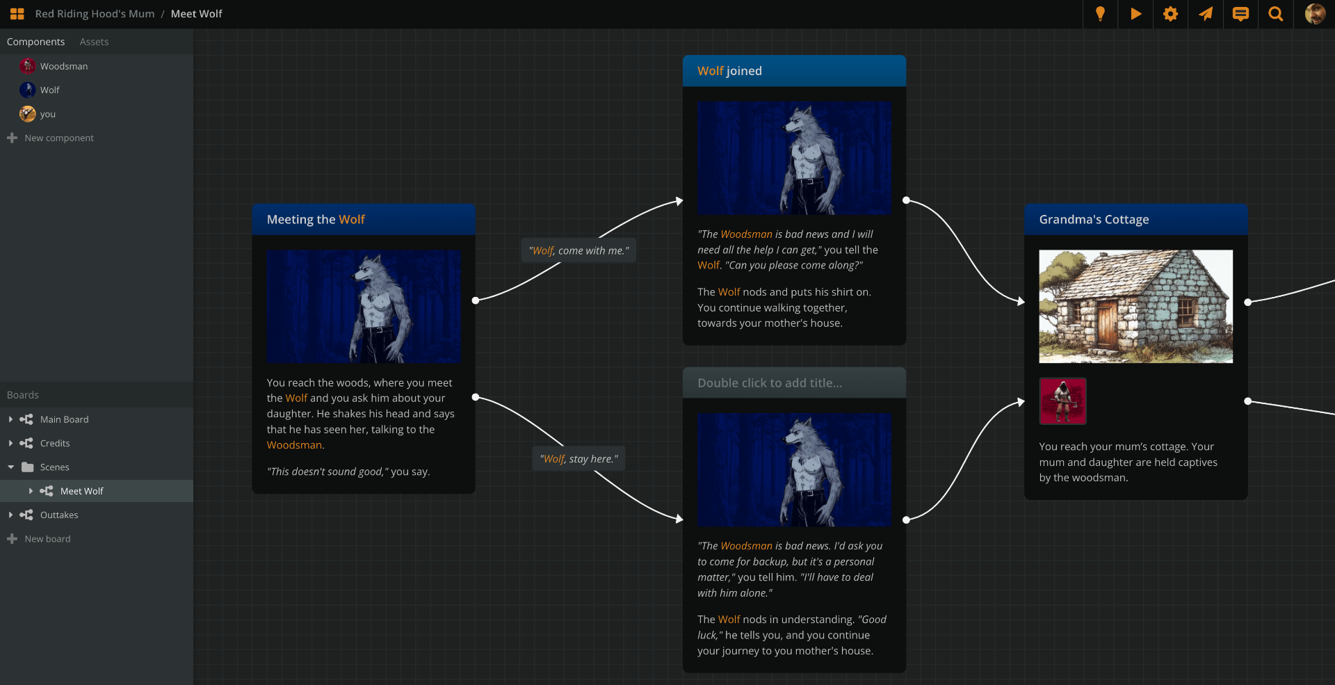 Arcweave screenshot on the moment of asking the wolf to follow or stay: one element for each option.