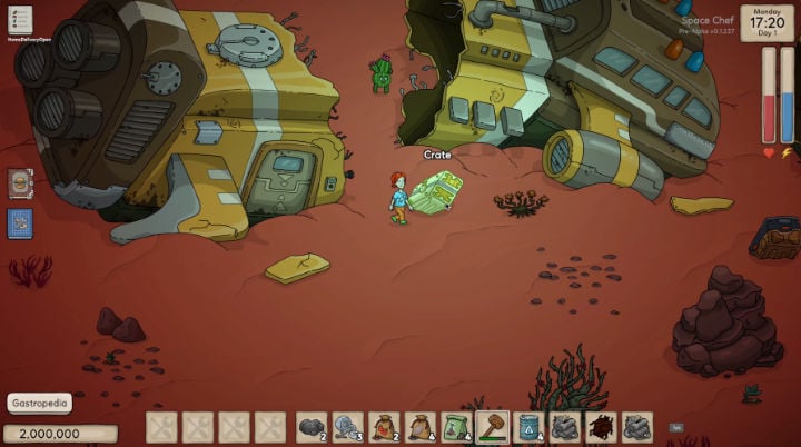 Game screenshot: the player character walking on an abandoned planet, in front of some spaceship ruins.