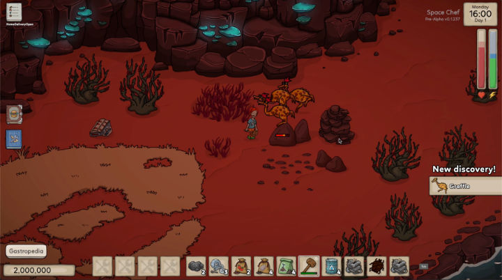 Game screenshot: the player character exploring an unknown planet and getting attacked by 3 ostrich-like animals.