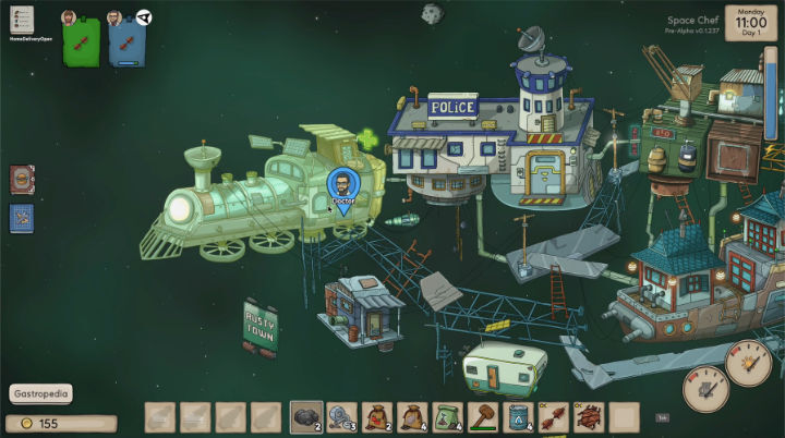 Game screenshot: the player's spaceship delivers food to a cartoonish space station-town.