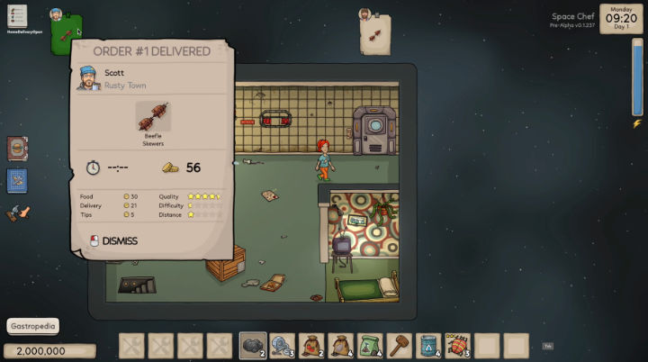 Game screenshot: the player character in her space kitchen, reviewing a delivered order.
