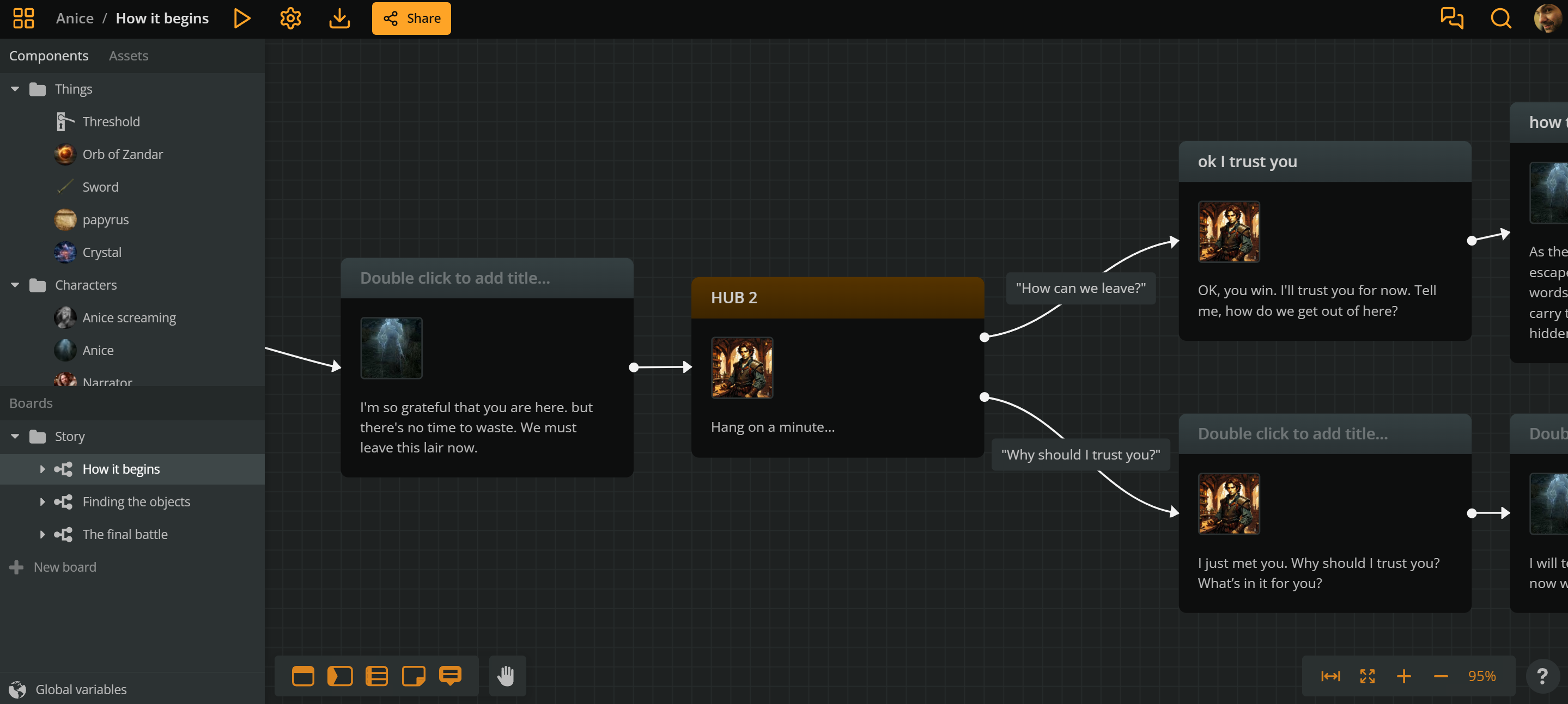 Screenshot of Arcweave showing an example of dialogue, player options, and the board folders sidebar.