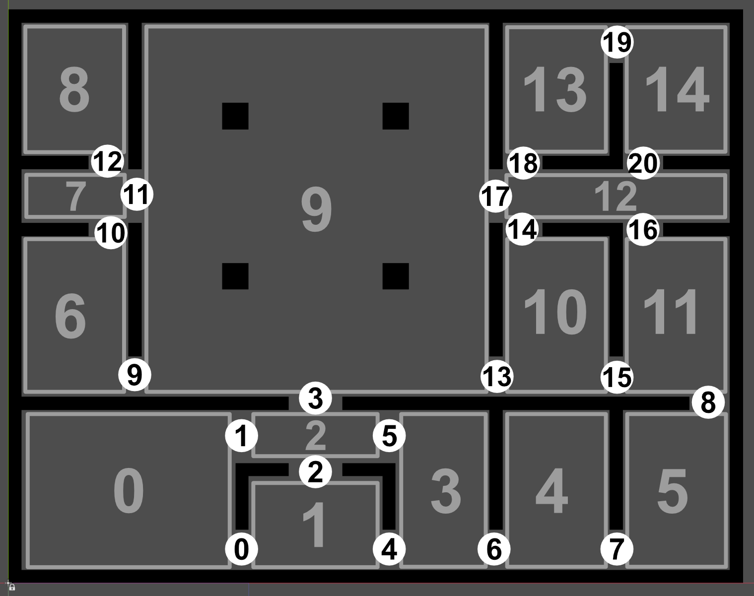 The Stage map, with numbered rooms and doors.