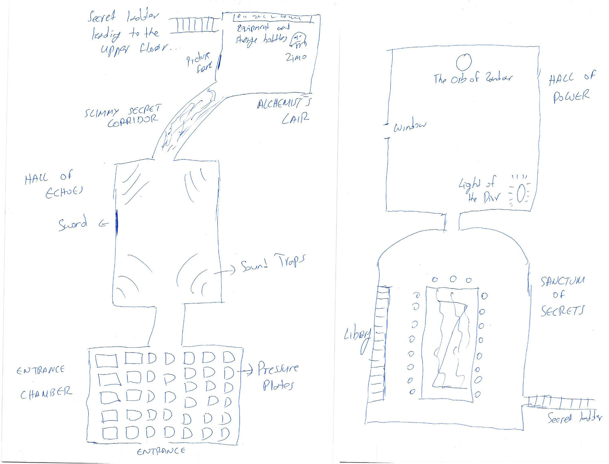 Hand-drawn sketch of a student's game map.