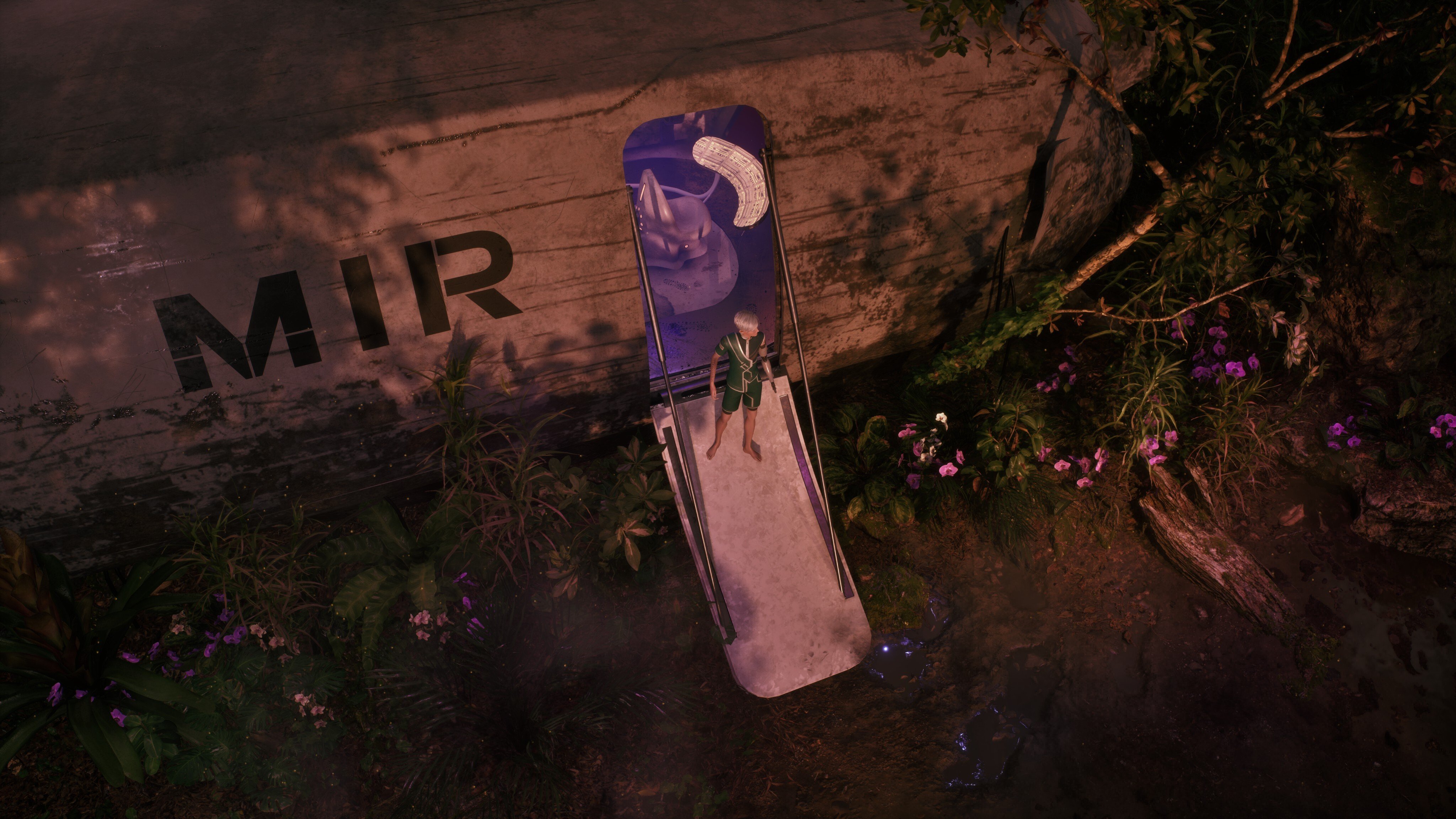 Screenshot from the game Locus Equation: the player character exits a crushed planed, going into the jungle.