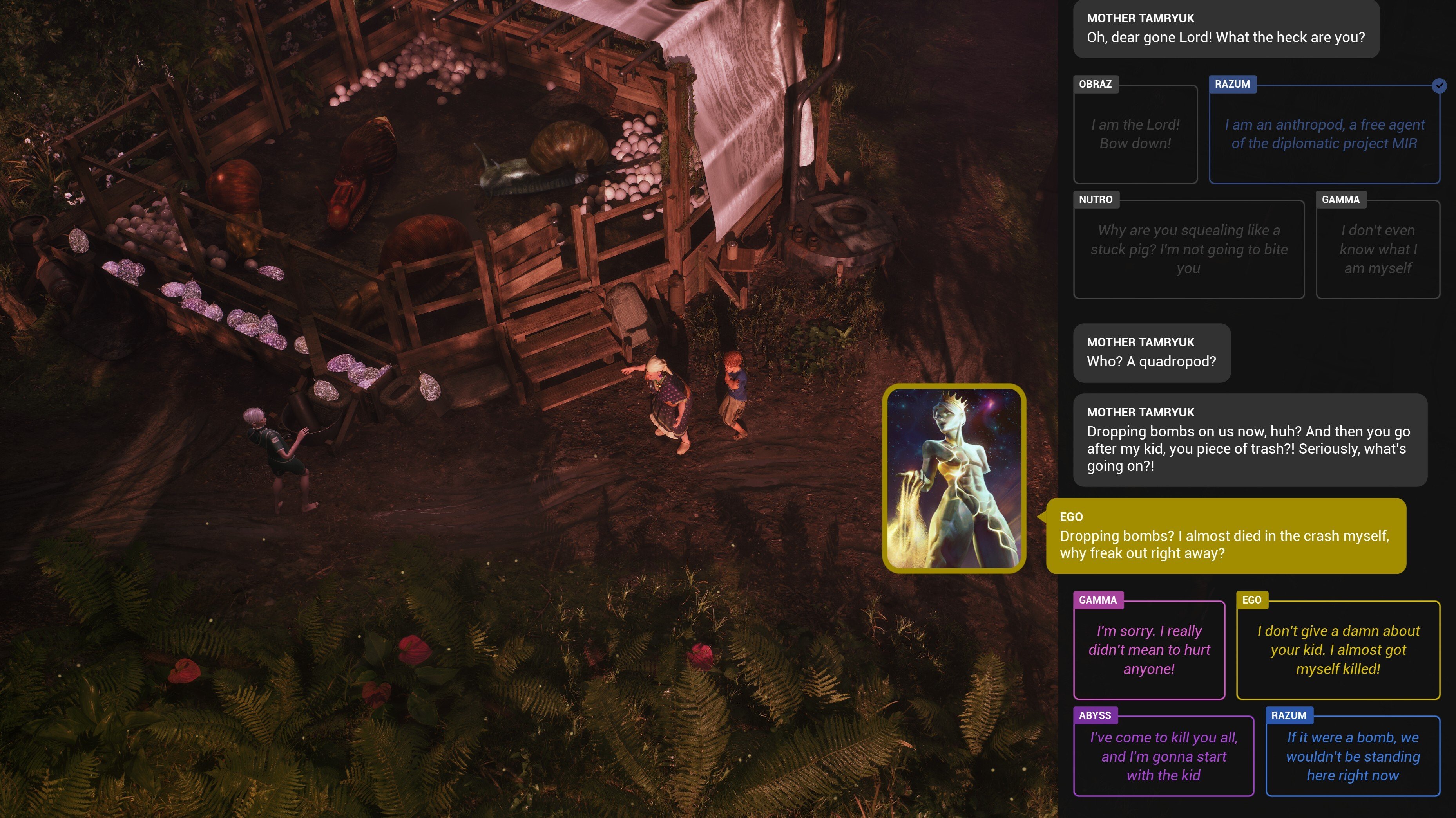 Screenshot from the game Locus Equation, displaying the dialogue system and the options proposed to the player by the character's inner voices.