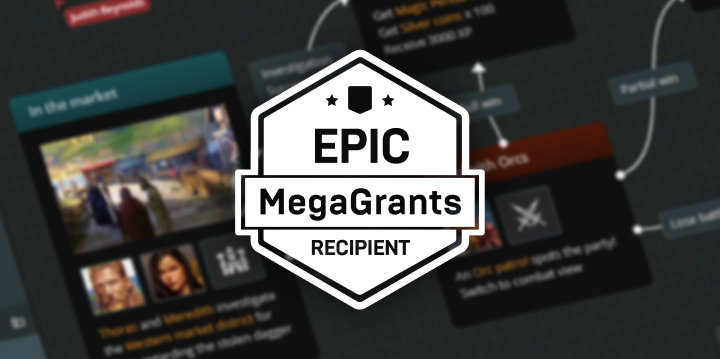 Epic MegaGrants logo superimposed over slightly blurred screenshot of Arcweave's UI environment.