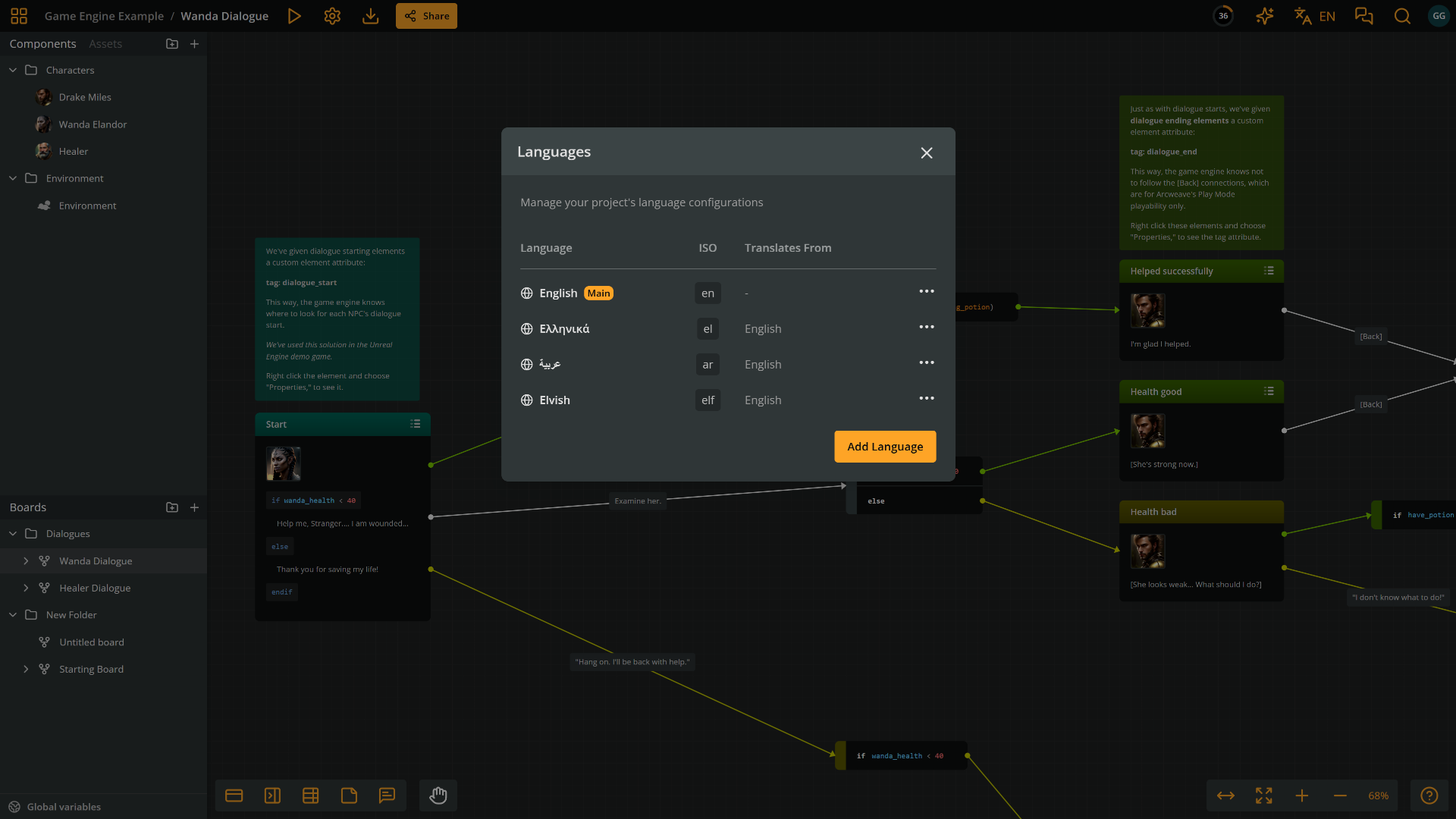 Arcweave's project environment, with the modal for managing languages open, showing English as the main language and Greek, Arabic, and Elvish as translations.