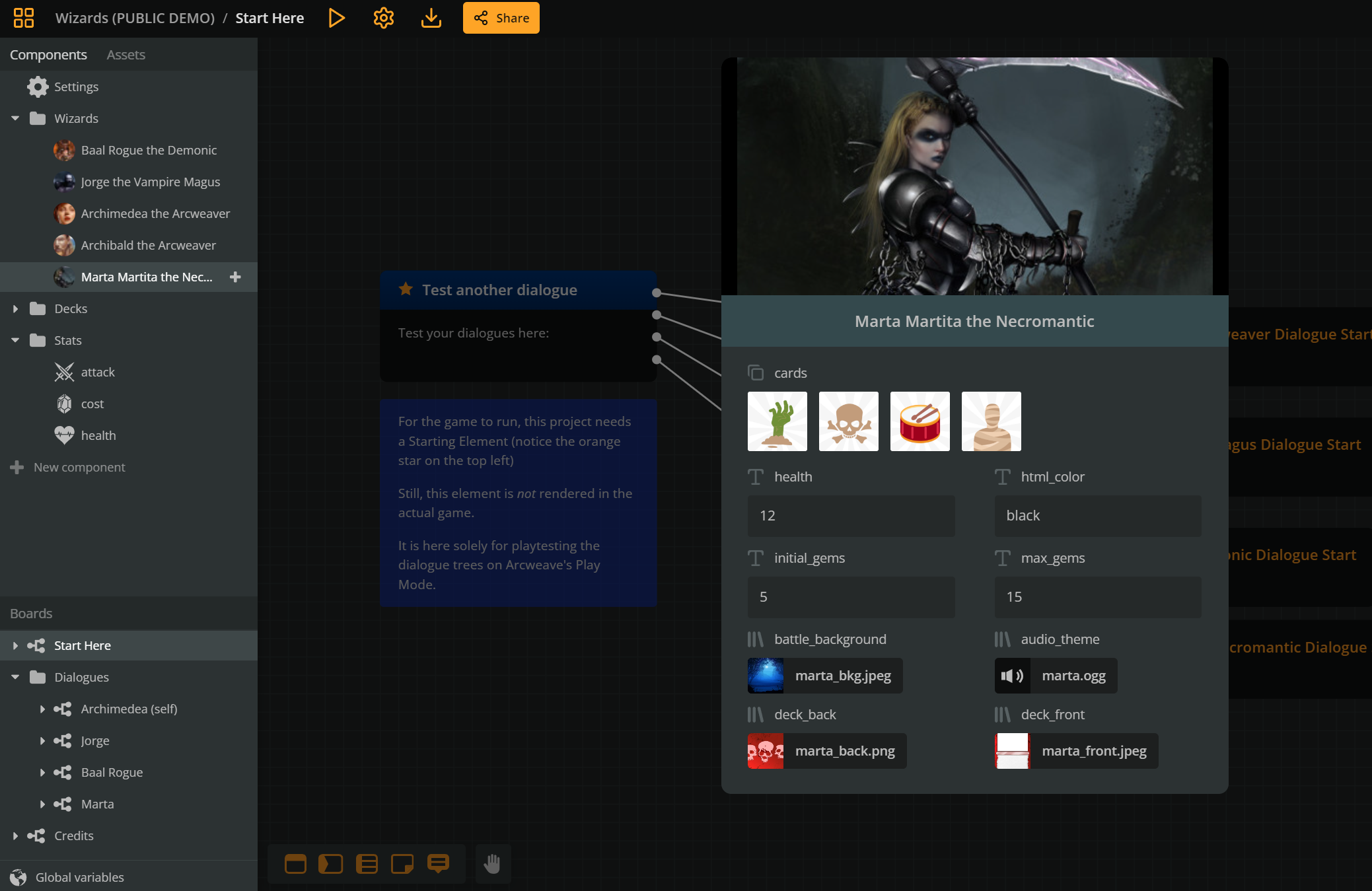 Screenshot showing a wizard component called "Marta Martita the Necromantic."