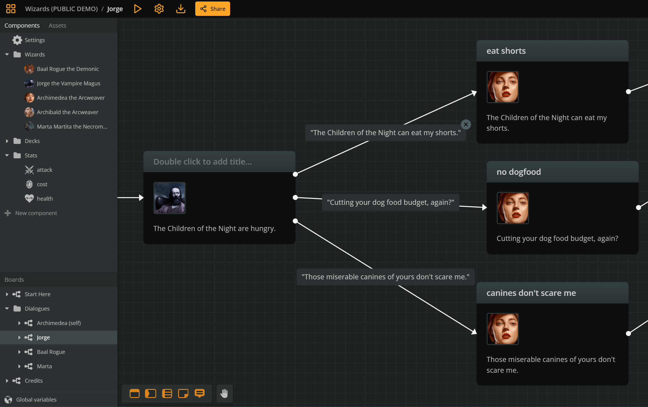 Screenshot of Arcweave board with dialogue tree.