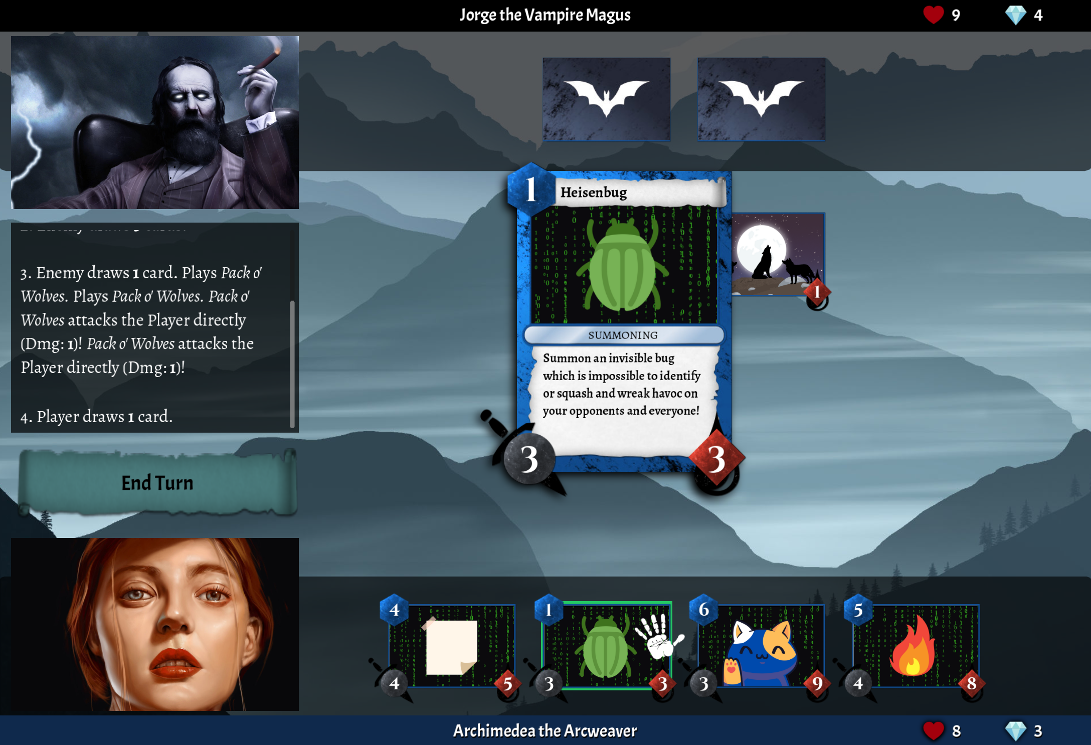 Screenshot of the card game's main gameplay, showing the opponents' portraits and the player's hand.