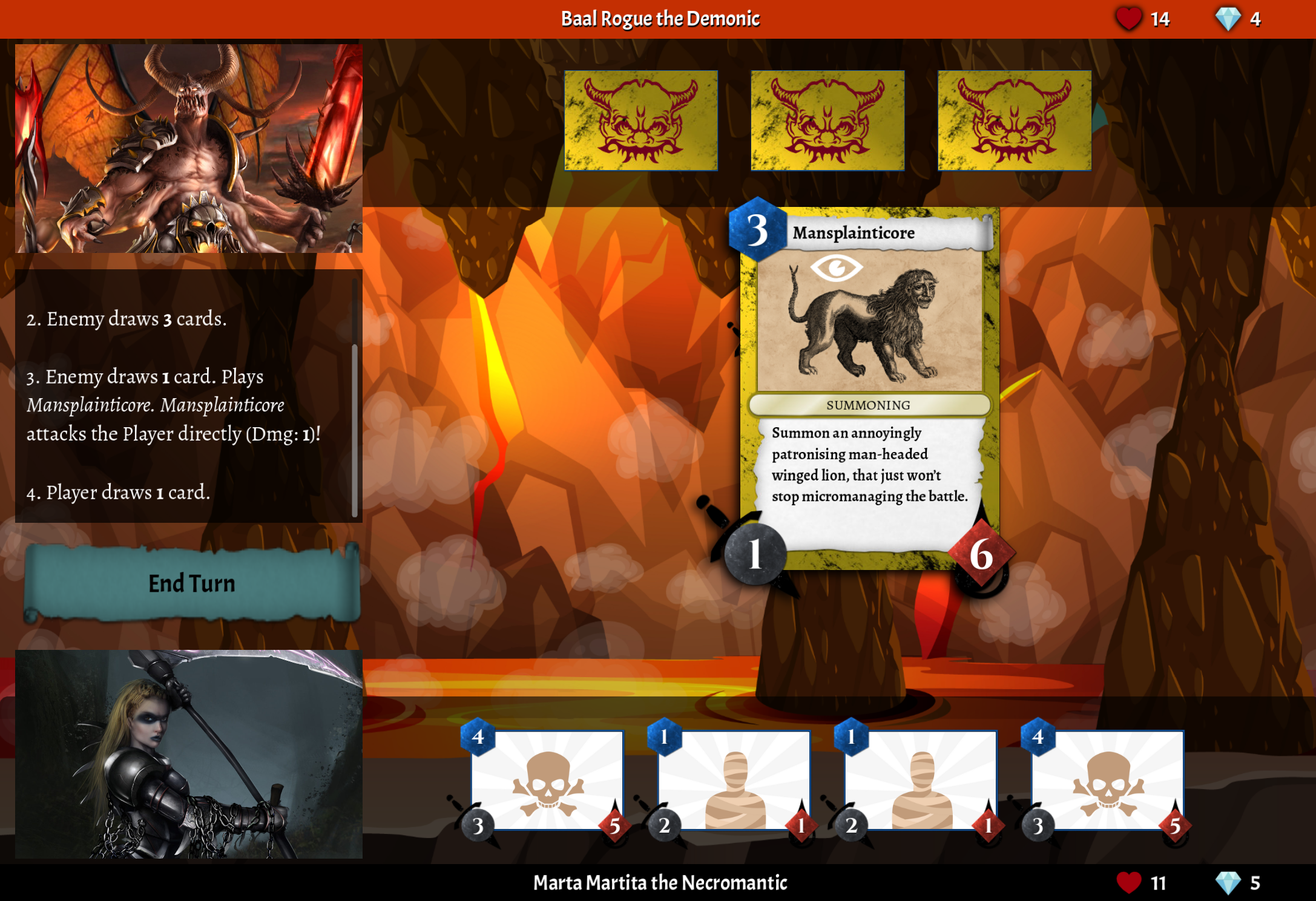 Screenshot of the main game, with the "Mansplainticore" card open, showing its atack, health, and cost scores and description.