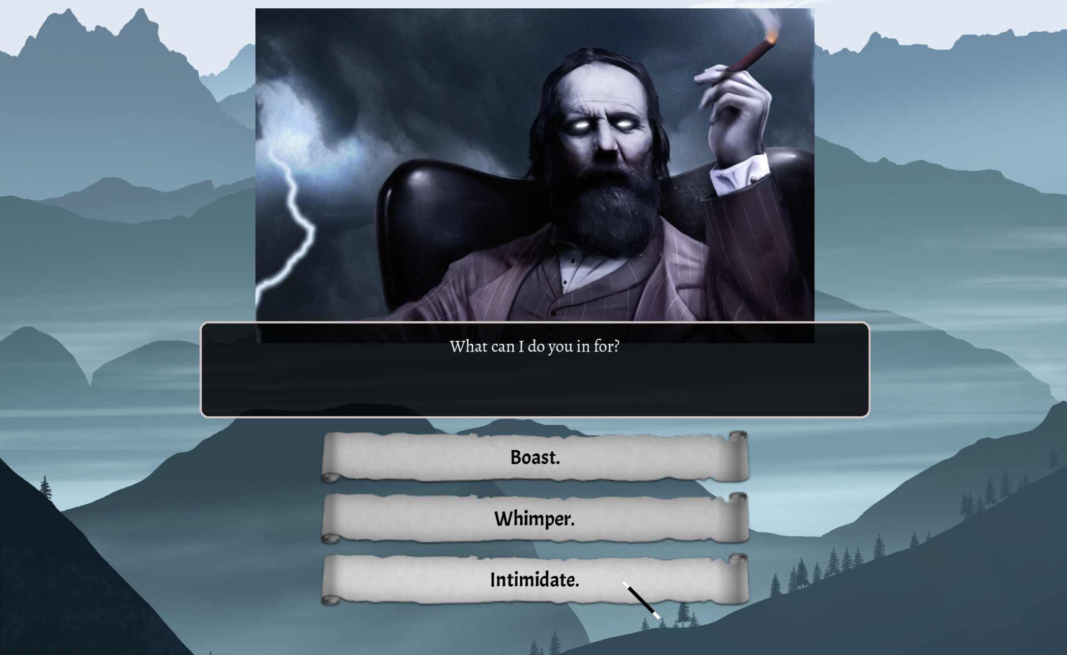 Screenshot of one of the card game's dialogue scenes, where the player has options to "boast," "whimper," or "intimidate" the opponent.