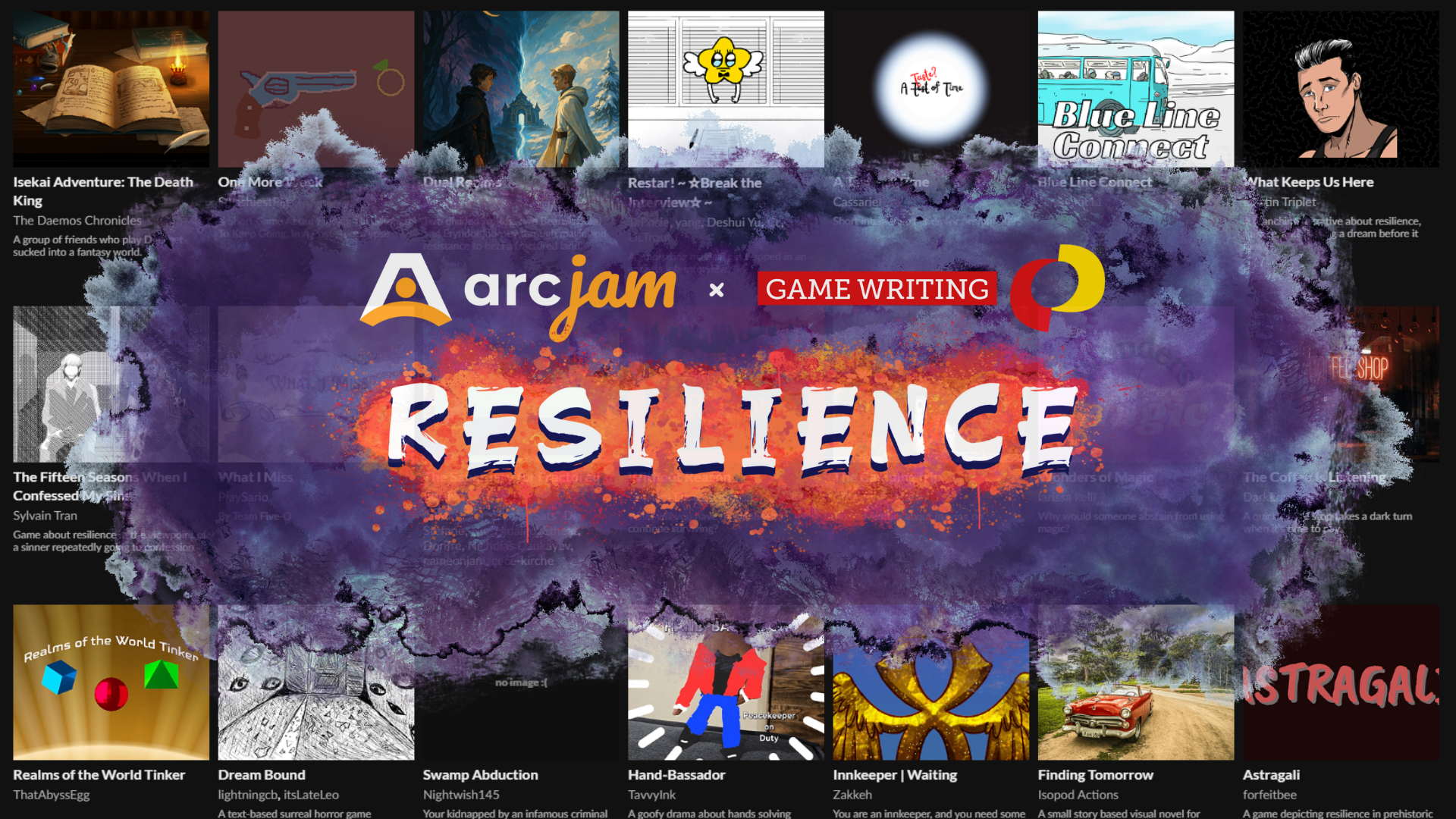 The jam's theme (Resilience) superimposed over the web page of the jam's entries. About 20 games covers are visible behind it.