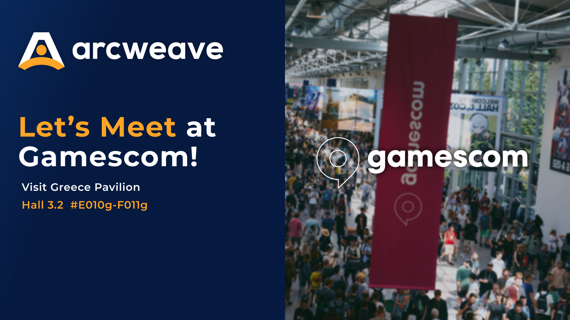A flyer-style invitation to meet with the Arcweave team at Gamescom, at Greece Pavilion, Hall 3.2, E10g-F11g.