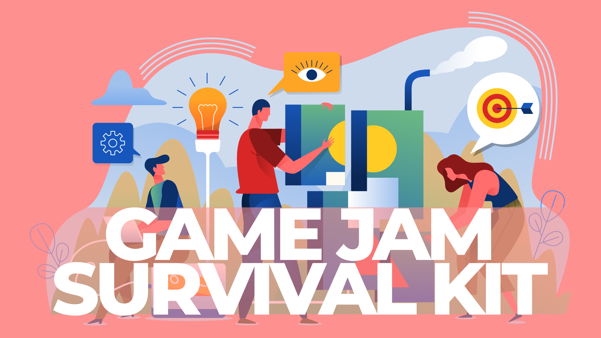 Vector illustration of a team of three creatives working together in a slightly surreal setting. Their speech balloons have symbols of gear, eye, and a target and arrow. Superimposed title: Game Jam Survival Kit