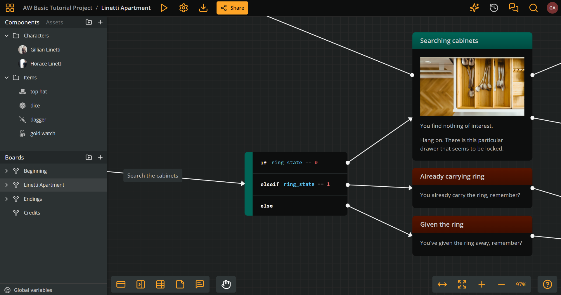 Arcweave's project interface focusing on a branch with conditional expressions regarding the state of a ring in the story.