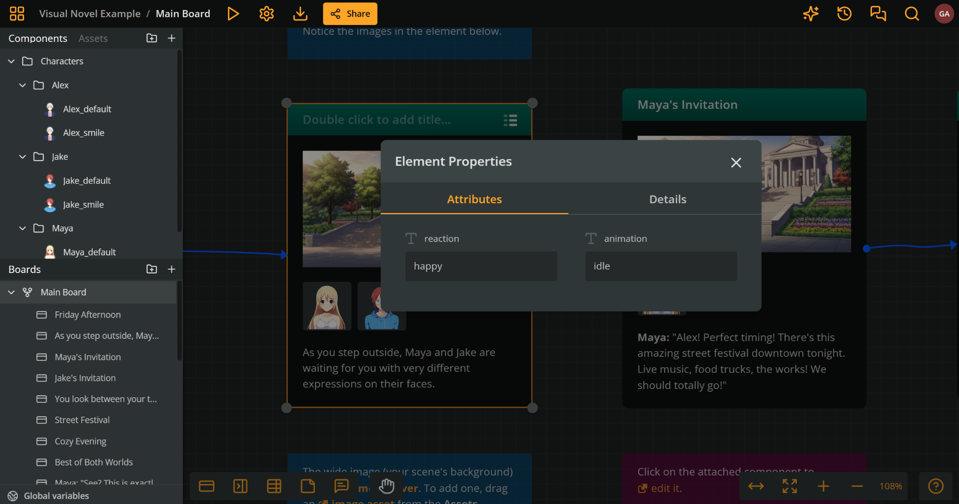 Arcweave's project interface displaying attributes of an element governing animation and character emotional reaction.