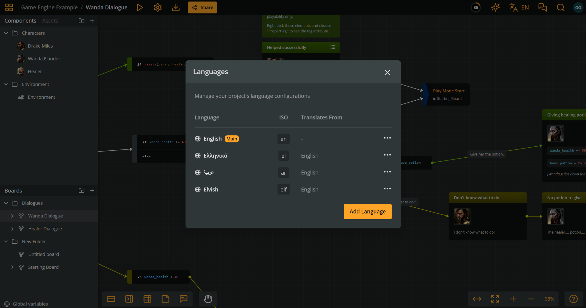 Arcweave's interface focusing on the localization features and the modal that manages the project's languages, here showing English, Greek, Arabic, and Elvish.