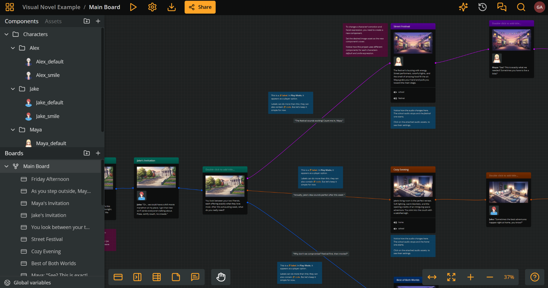 Arcweave's project interface, showing a board with connected elements.