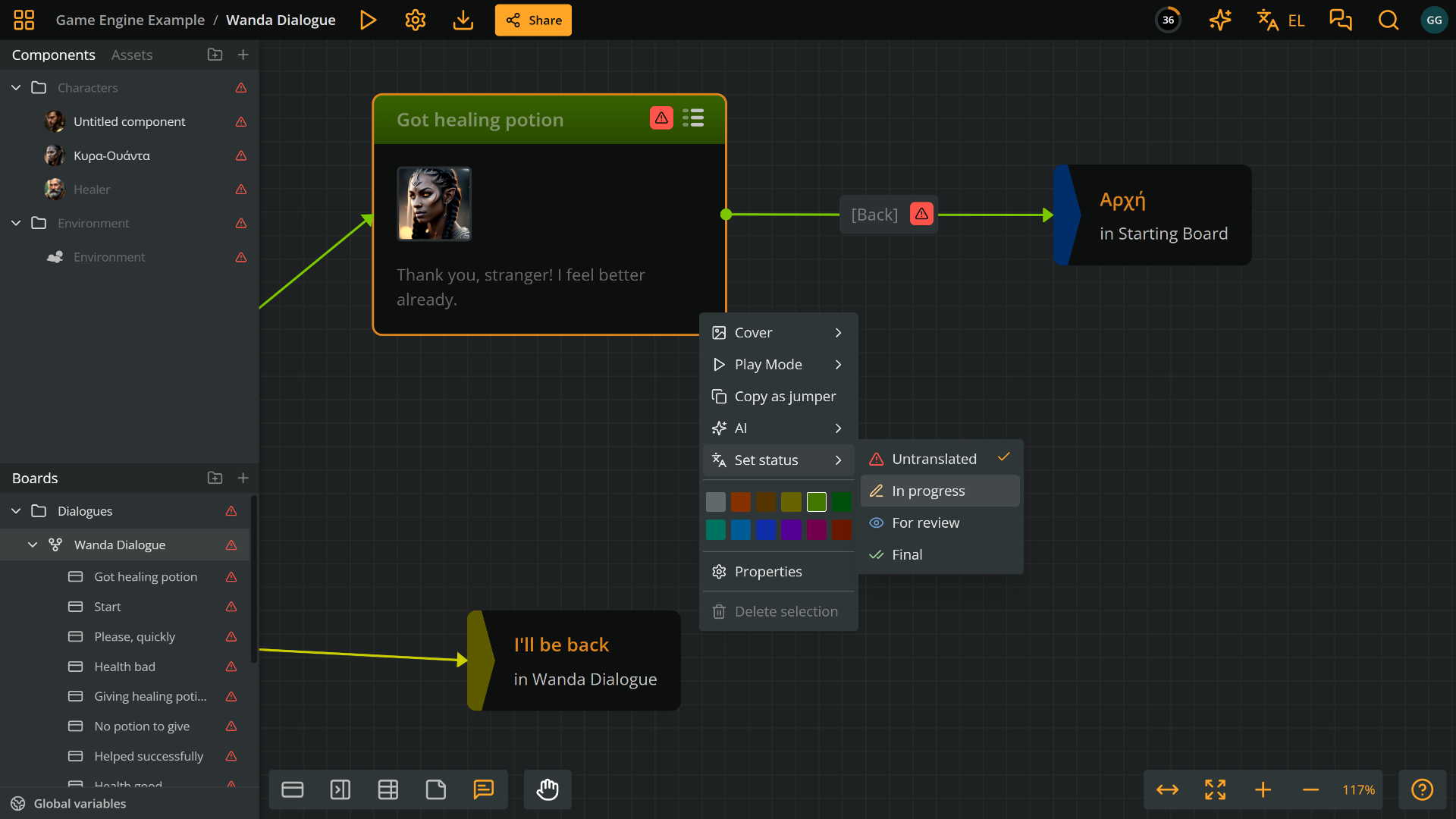 Arcweave's project environment. The context menu of an element is open and displays the translation status.