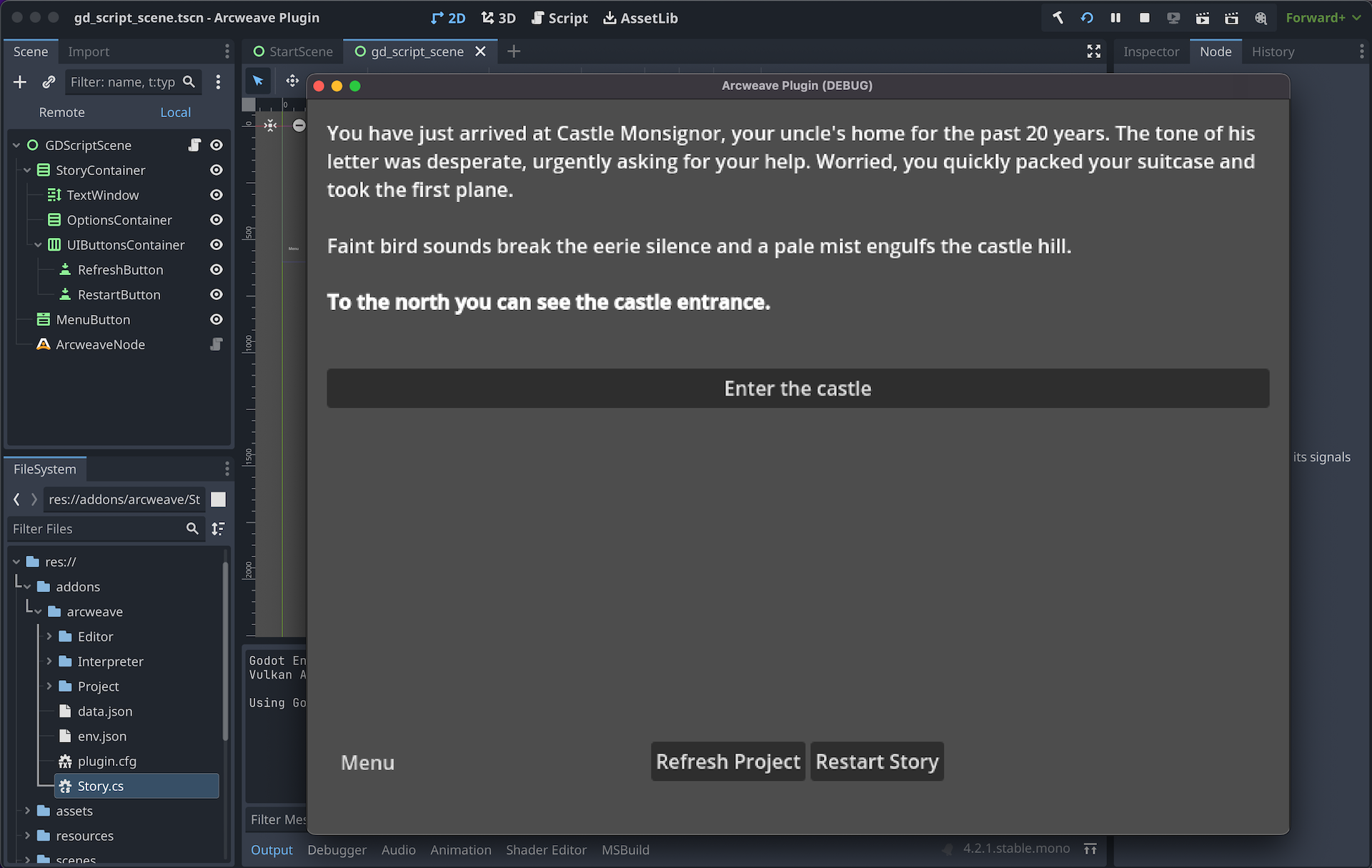 Screenshot of the Play Mode game in Godot, with its text content, option buttons, and UI buttons.