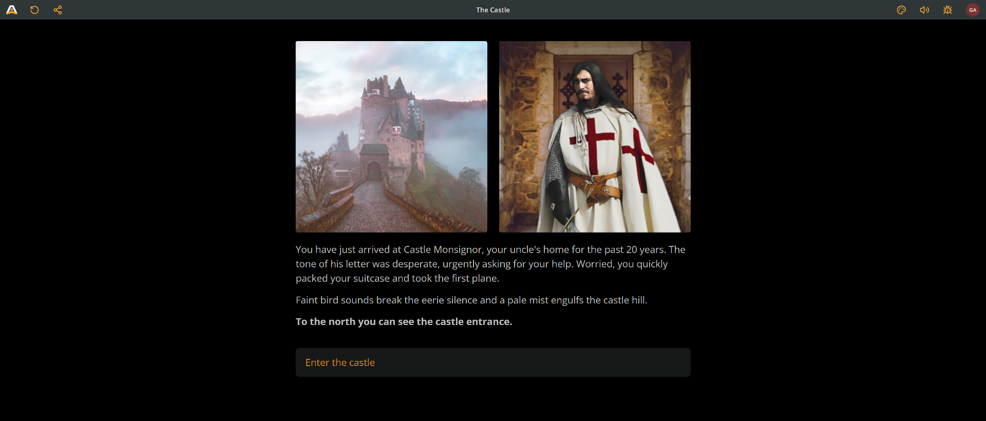 Screenshot of Arcweave's Play Mode showing how an element is rendered when it has 2 attached components and no cover. The 2 components occupy the cover image's area, equally.