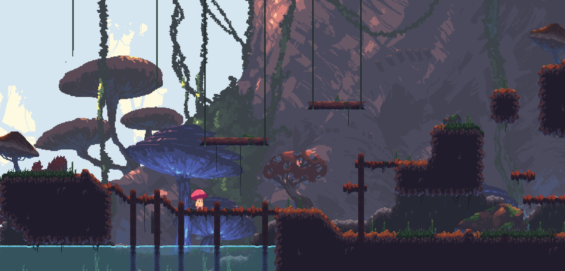 Screenshot from a cute pixel art platformer where player is a small mushroom humanoid, walking and jumping through a platform landscape with a rocky mountain at the background.