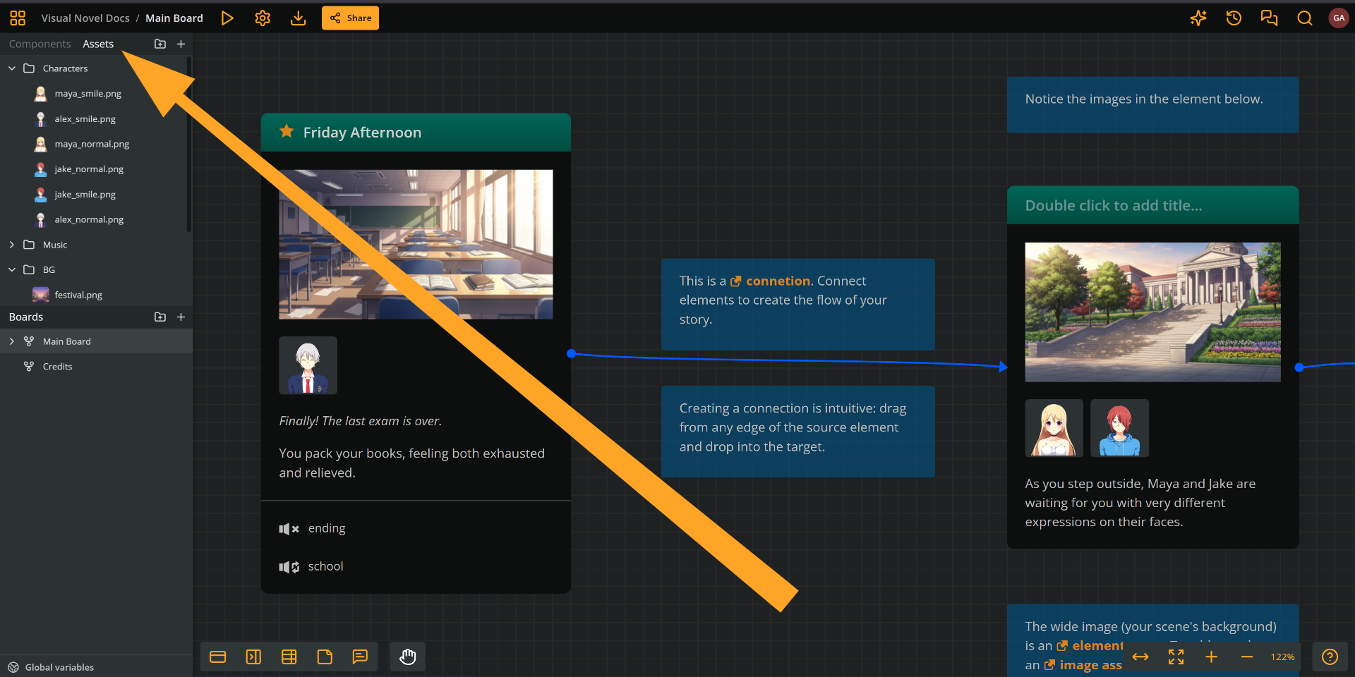 Arcweave's project environment with an orange arrow pointing at the Assets tab, in the left sidebar.