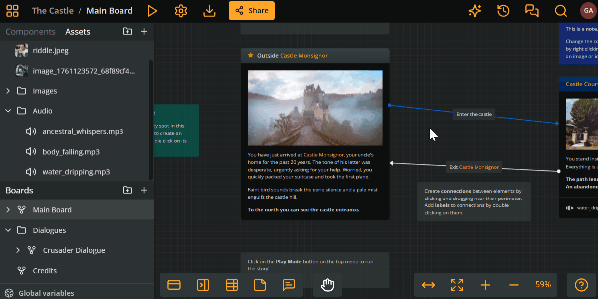 Animated GIF demonstrating how to preview an audio asset, then attach it to an element, set it to loop, and then adjust the overall volume in Play Mode.