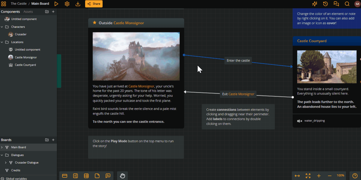 Animated GIF demonstrating how you can drag components into an element and how they show in Play Mode.