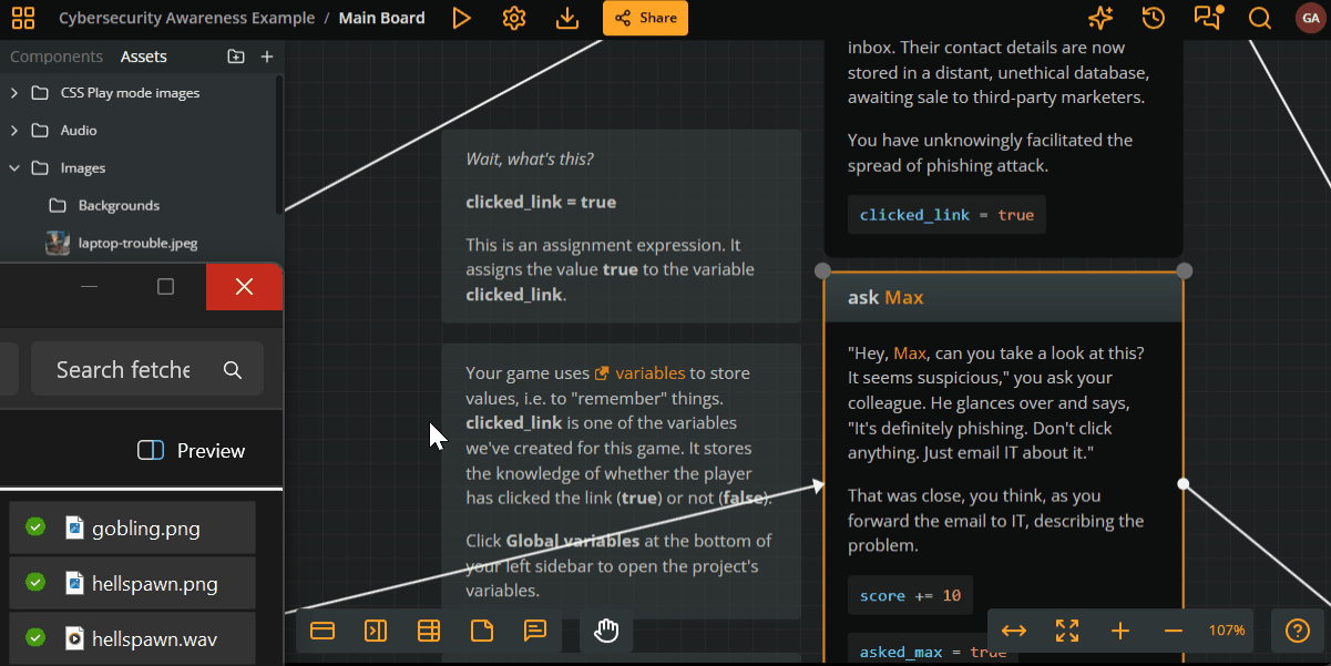 Animated GIF demonstrating how you can drag media files from your system's file manager into Arcweave and then attach an image asset to an element.