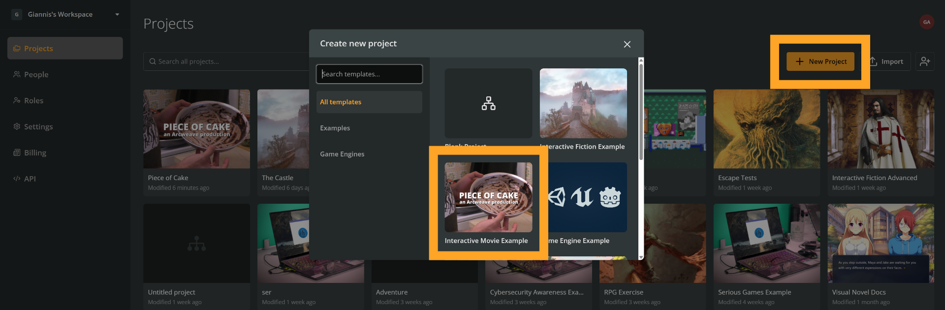 Arcweave's Projects section. An orange rectangle shows the "New project" button and a second rectangle shows the Interactive Movie Example template.